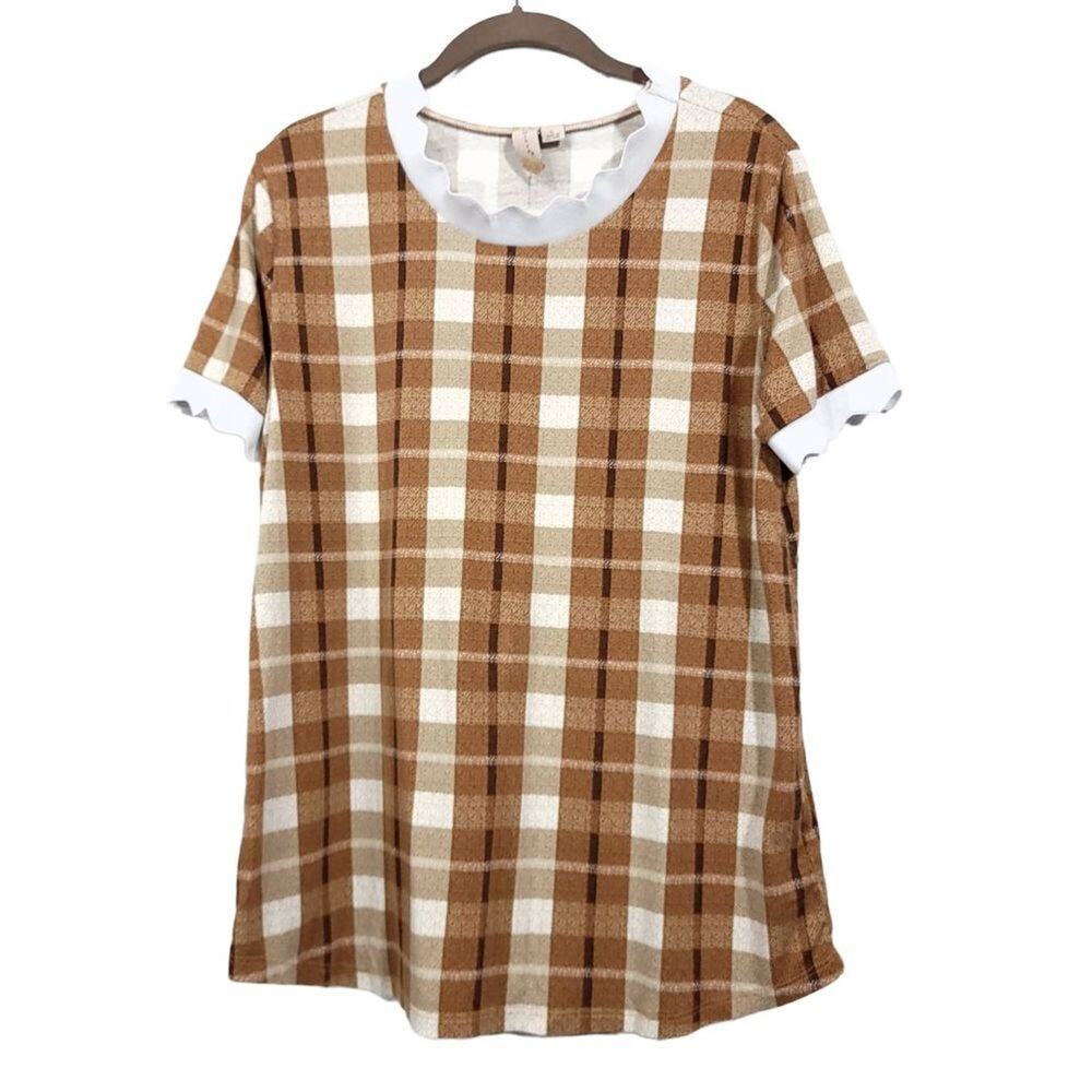 Misia Plaid Tshirt Shirt Fall Tan Brown Collar White Stretchy Size Large